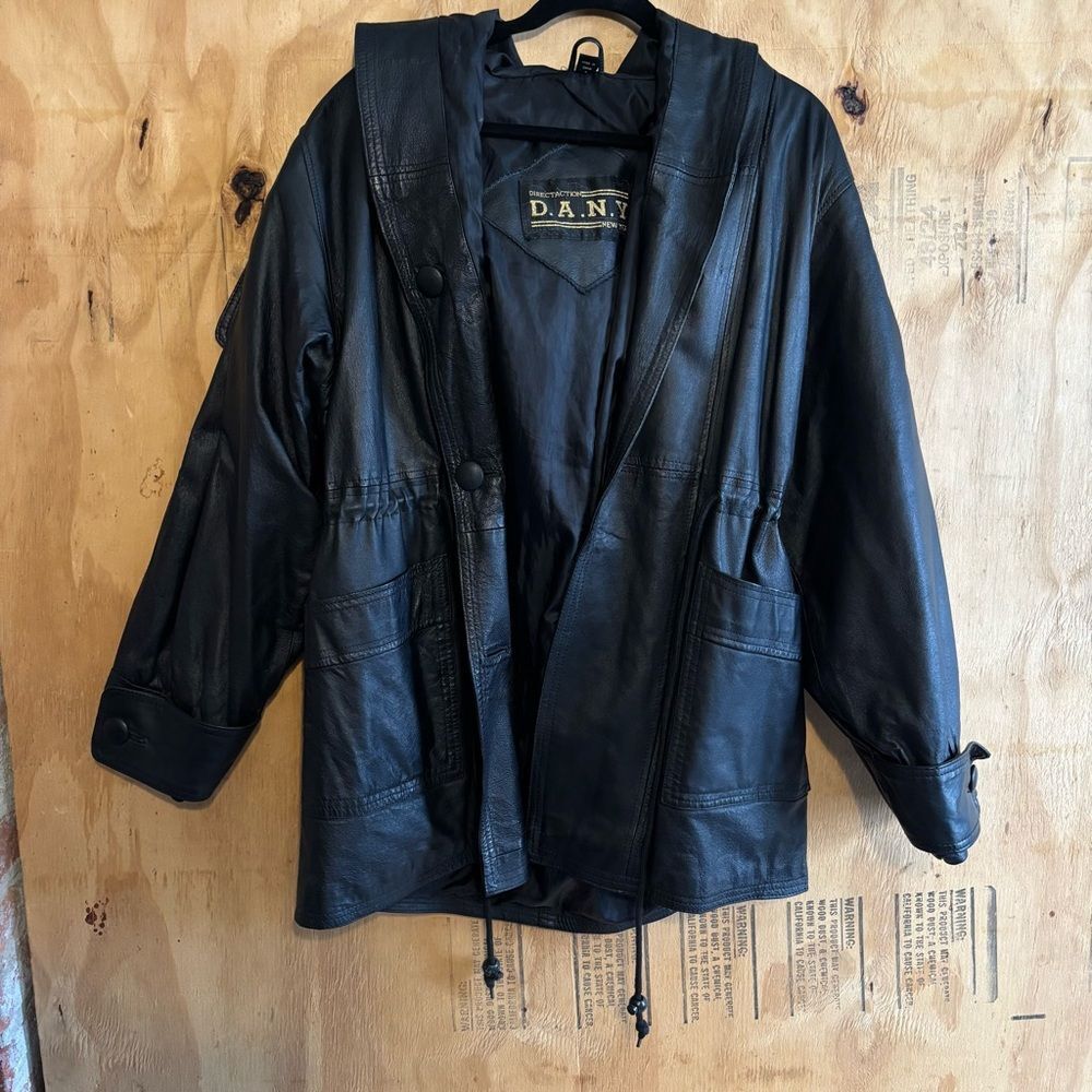 Vintage 90s D.A.N.Y Black Leather Lined Long Drawstring Jacket Coat Classic Sz S